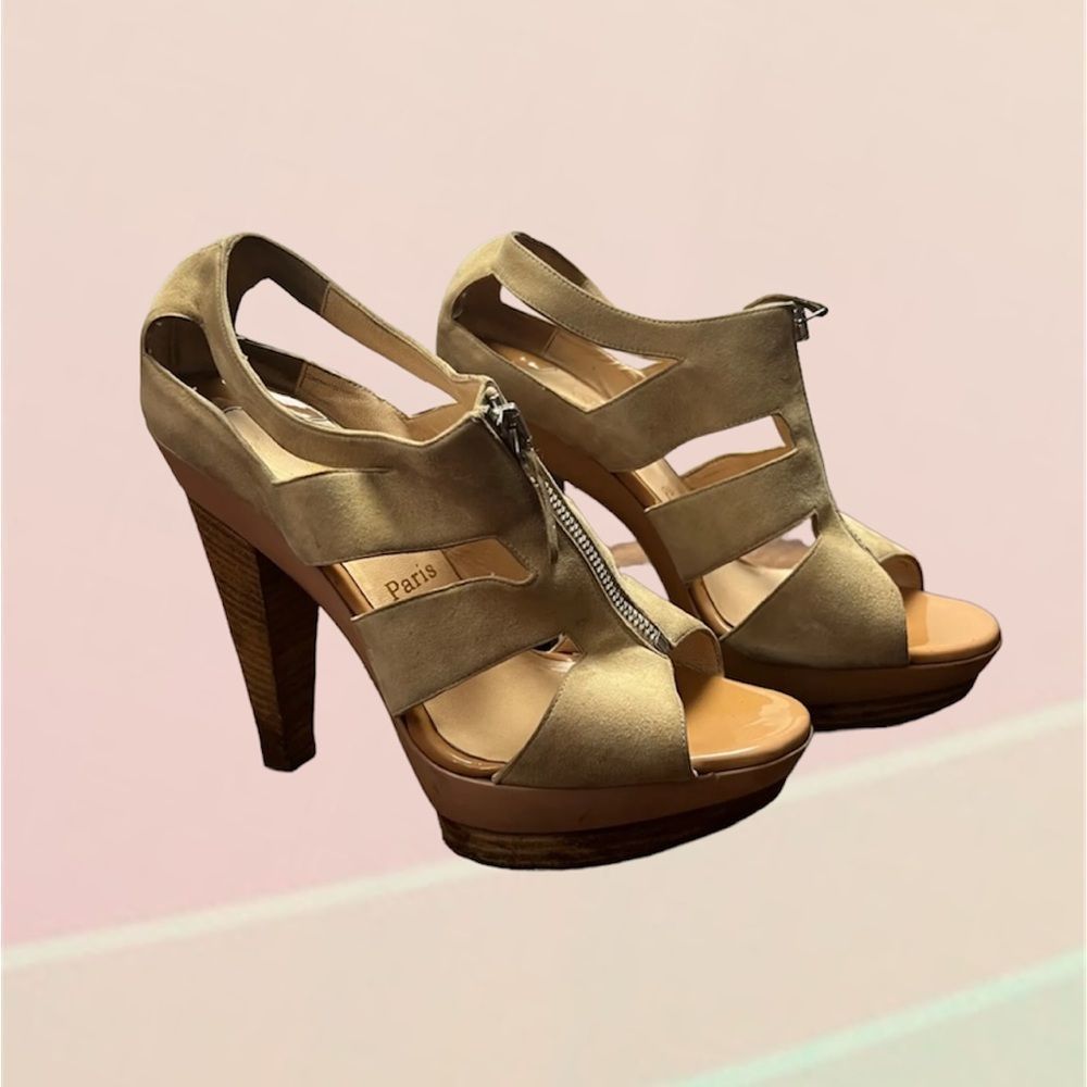 CHRISTIAN LOUBOUTIN Suede Leather Wedge Platform Sandals Shoes 38.5 Cage